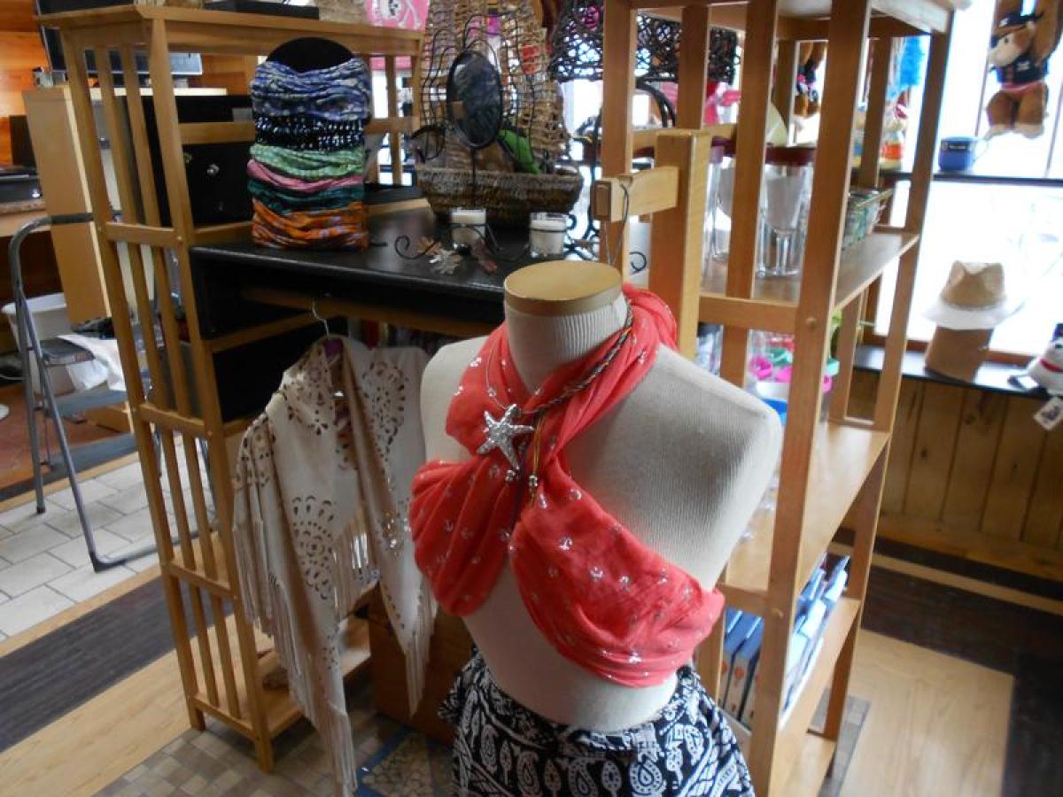 Display of clothing inside the gift shop.