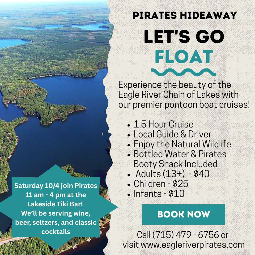 Pontoon Boat! Eagle River lake aerial view with text promoting pontoon boat cruises and event on 10/4 with drinks offered.