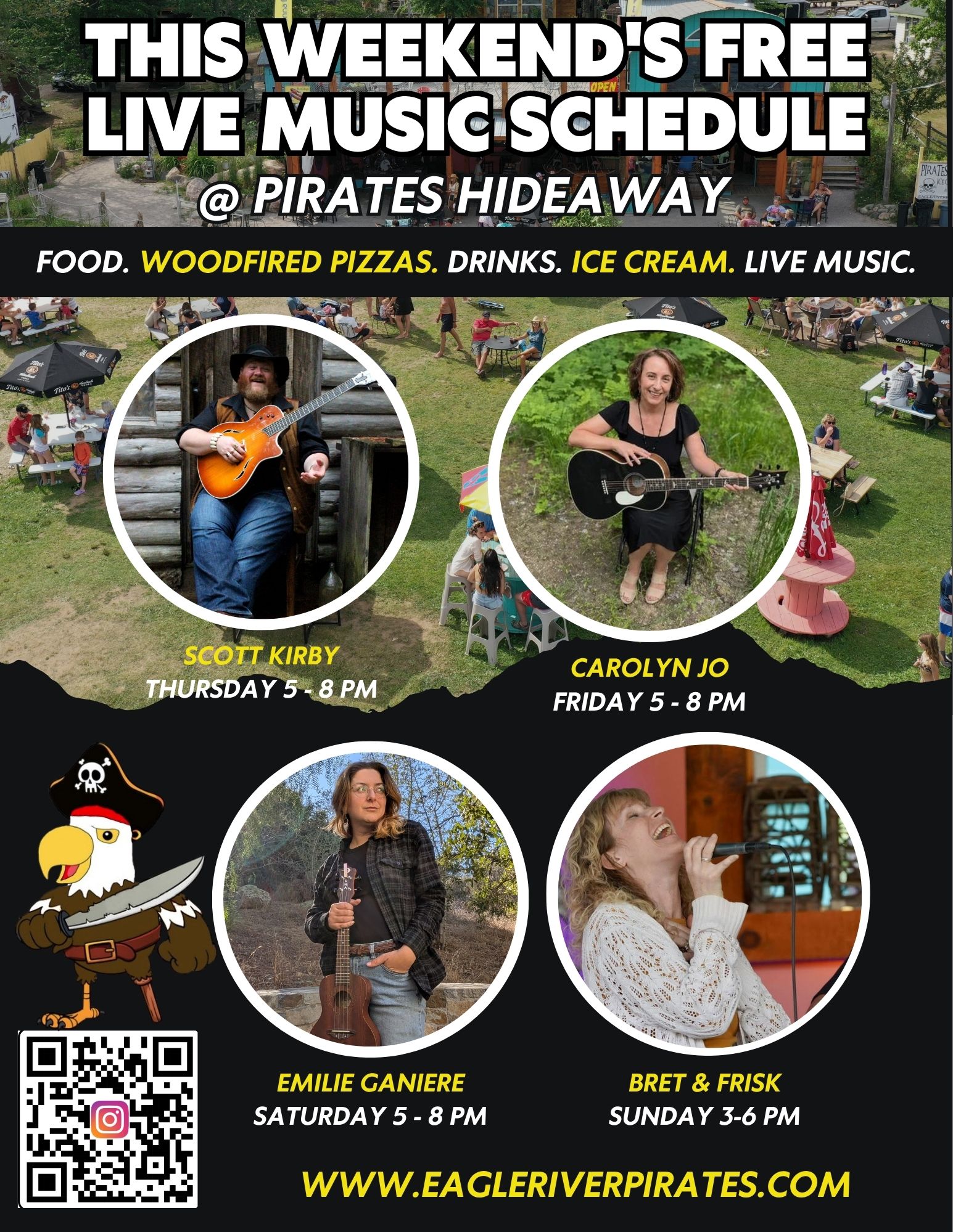 Poster for live music schedule featuring photos of musicians and event details.