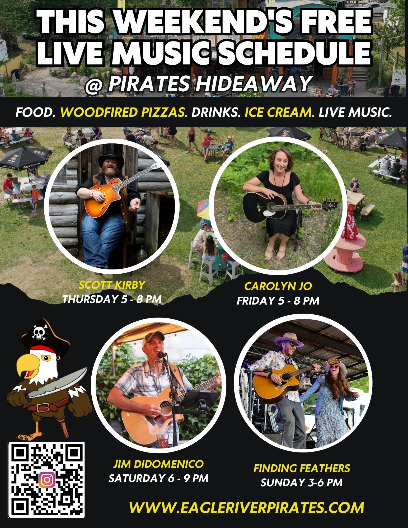 Poster listing live music schedule with photos of performers and pirate graphic.