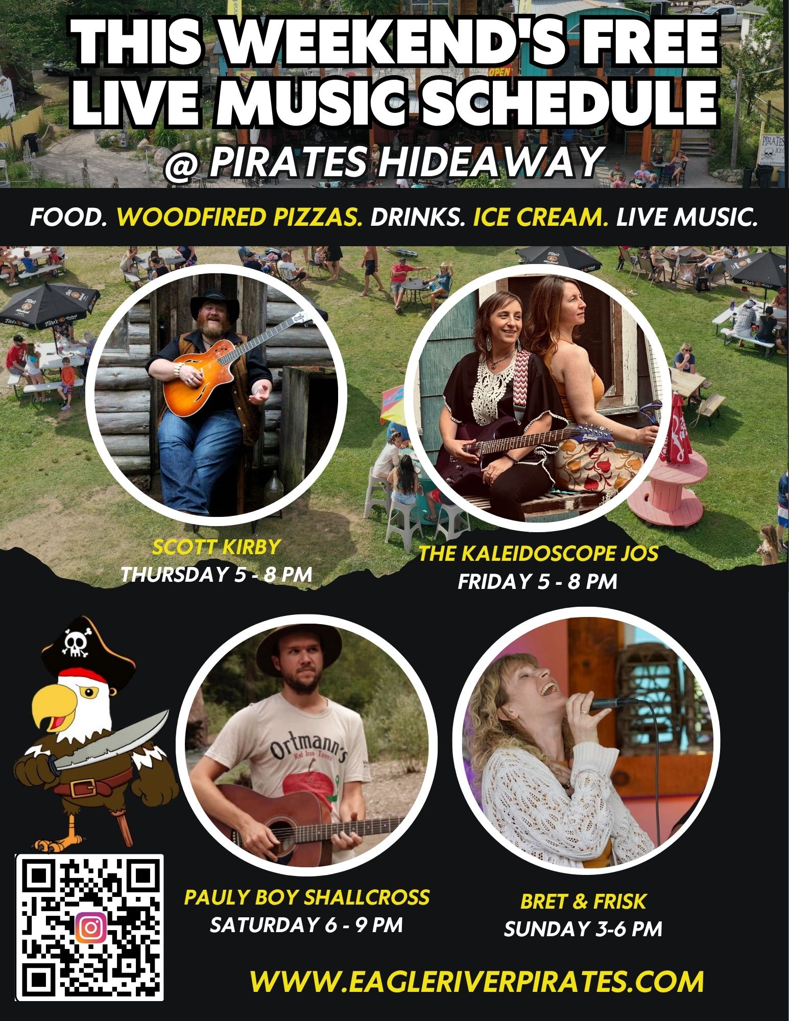 Music schedule poster with photos and text for events at Pirates Hideaway.