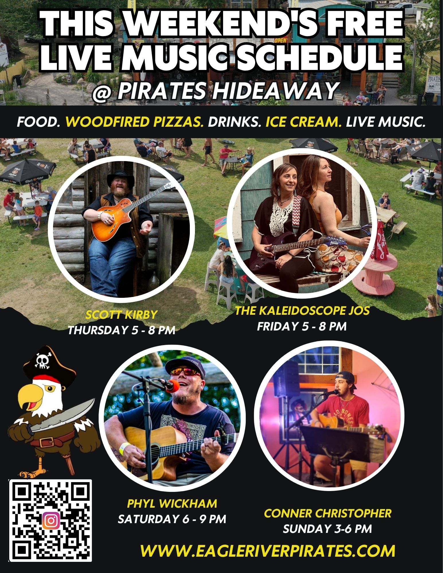 Pirates Hideaway music schedule poster with images of artists and activities.