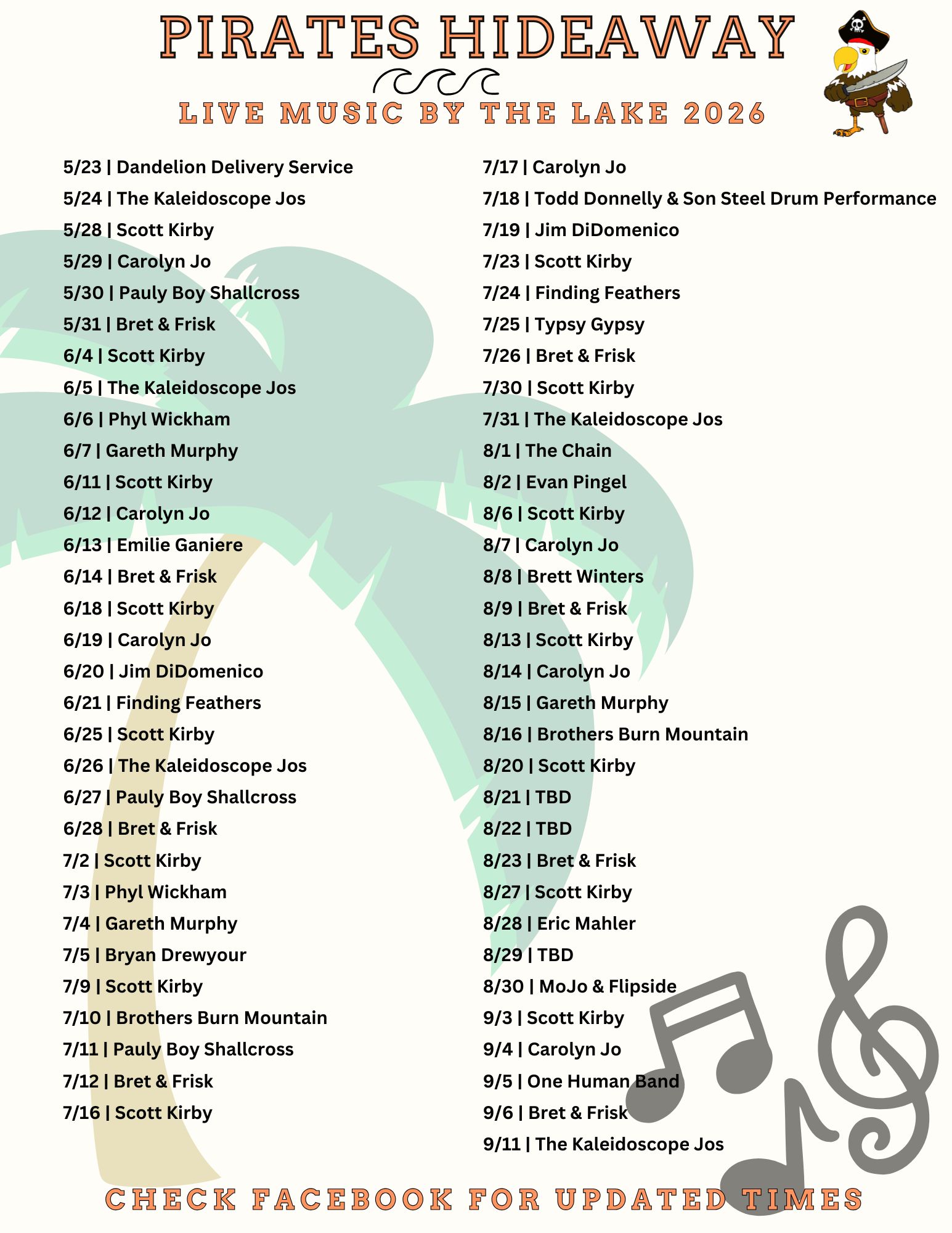 Pirates Hideaway 2026 live music schedule with performer names and dates.