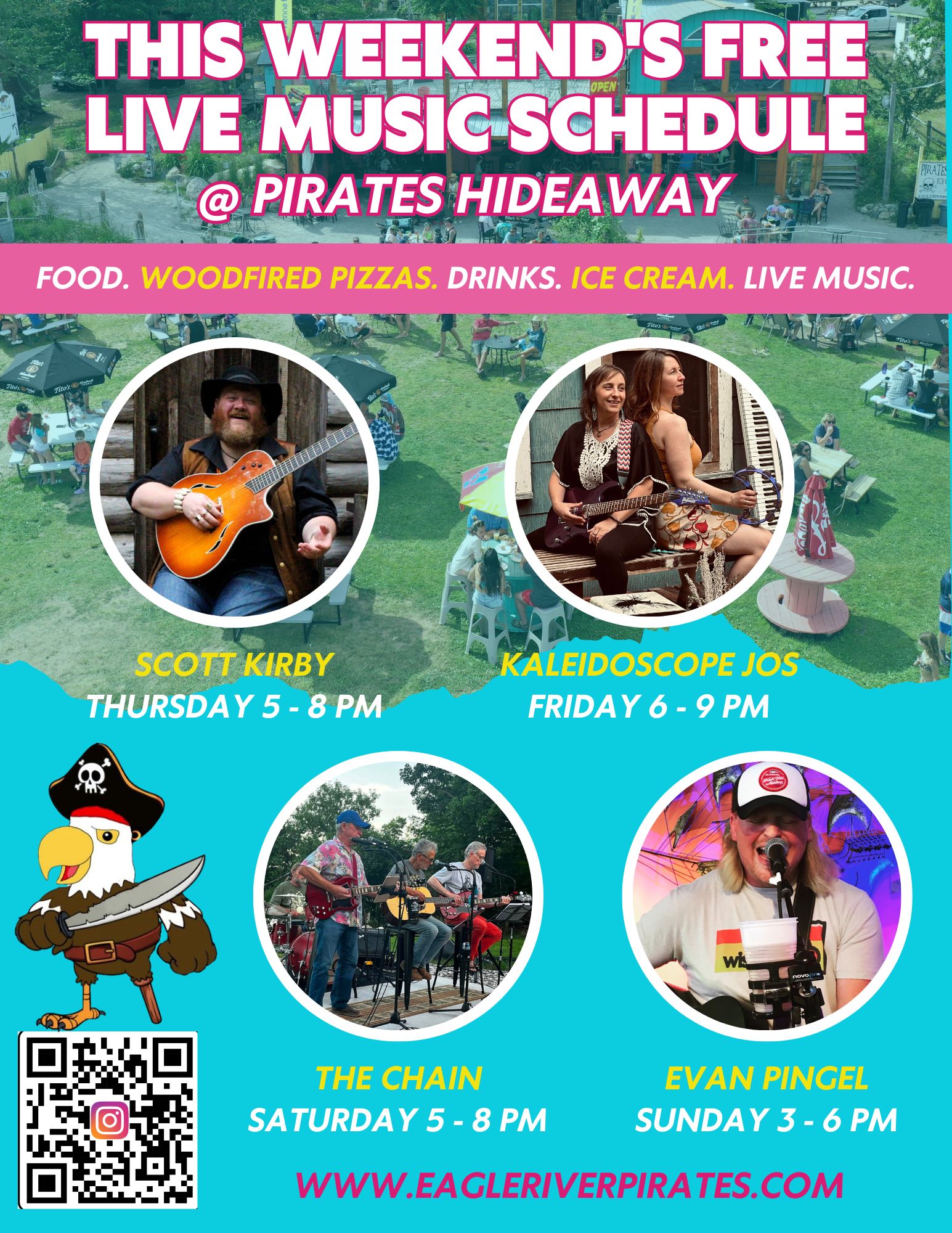 Live music schedule with four performances at Pirates Hideaway on different days.