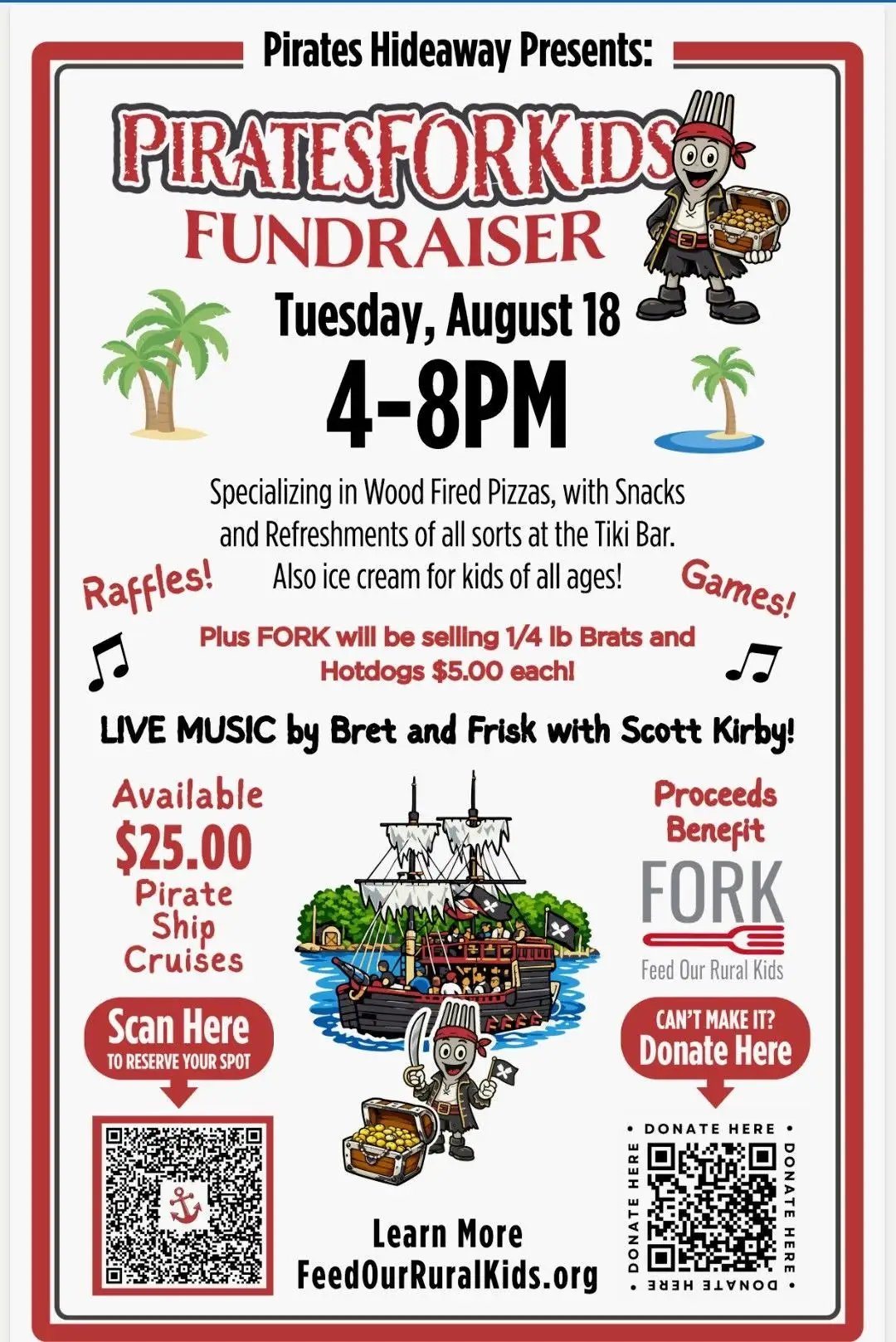 Pirates-themed fundraiser poster with event details and pirate illustrations.