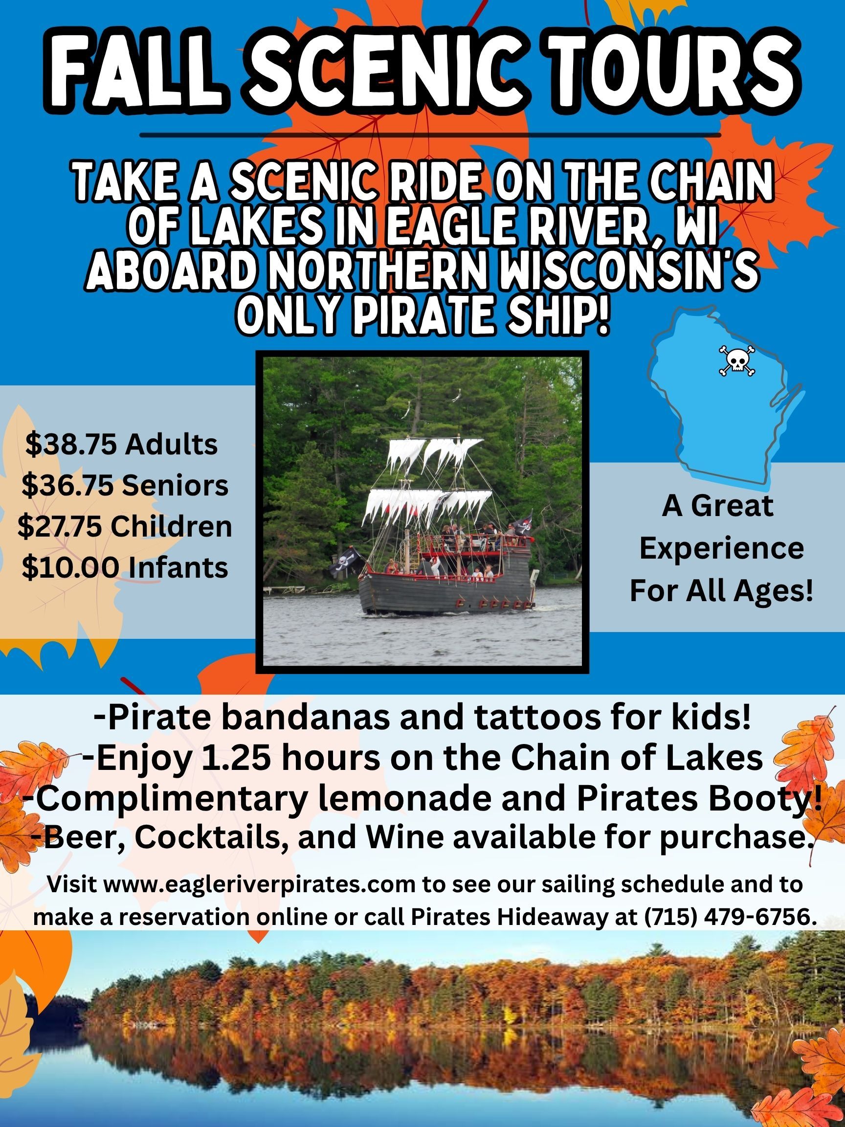 Poster for fall scenic pirate ship tours on Eagle River lakes, featuring prices and activities.