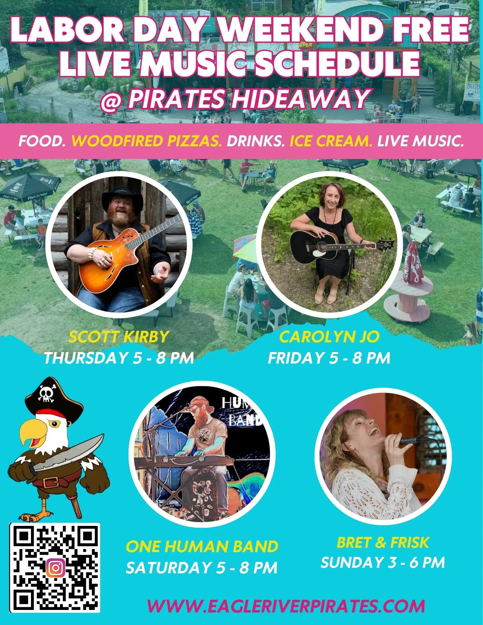 Poster for Labor Day live music at Pirates Hideaway with schedule and musician images.